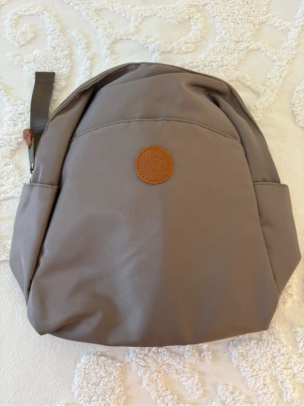 Dafuqi Backpack Taupe Gray Tan Faux Leather Silver Accents medium size NWT